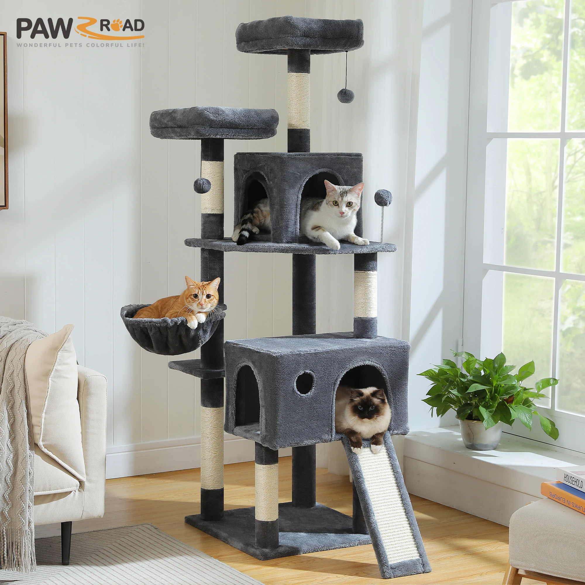 

Multi-Level Cat Tree Tower with Sisal Scratching Post&Pad Cozy Hammock Luxury Large Cat Condo for Indoor Cat Toy Cat Accessories