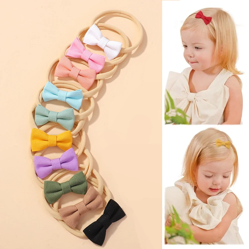 

10 шт., детская повязка на голову с мини-бантиками, однотонная нейлоновая эластичная повязка для волос для новорожденных девочек, аксессуары для волос с бантом