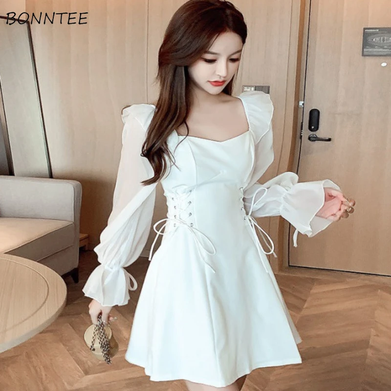 Square Collar Dresses for Women All-match Chic Bandage Design Chic Defined Waist Streetwear Sweet Sexy Girls Spring Vestidos Y2k