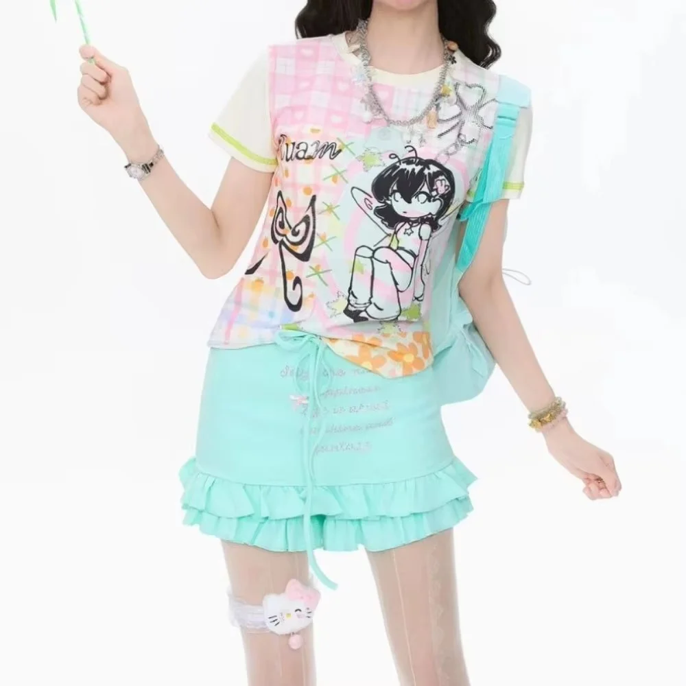 Y2K Kawaii Women Short Sleeve T Shirt Summer Cute Cartoon Anime Print Graphic Harajuku Pastel Aesthetic Casual Tops Streetwear