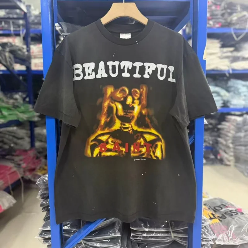 Men Skull Skeleton Graphic T-Shirt Washed Black Gothic Punk Harajuku Halloween Oversized Summer Tee