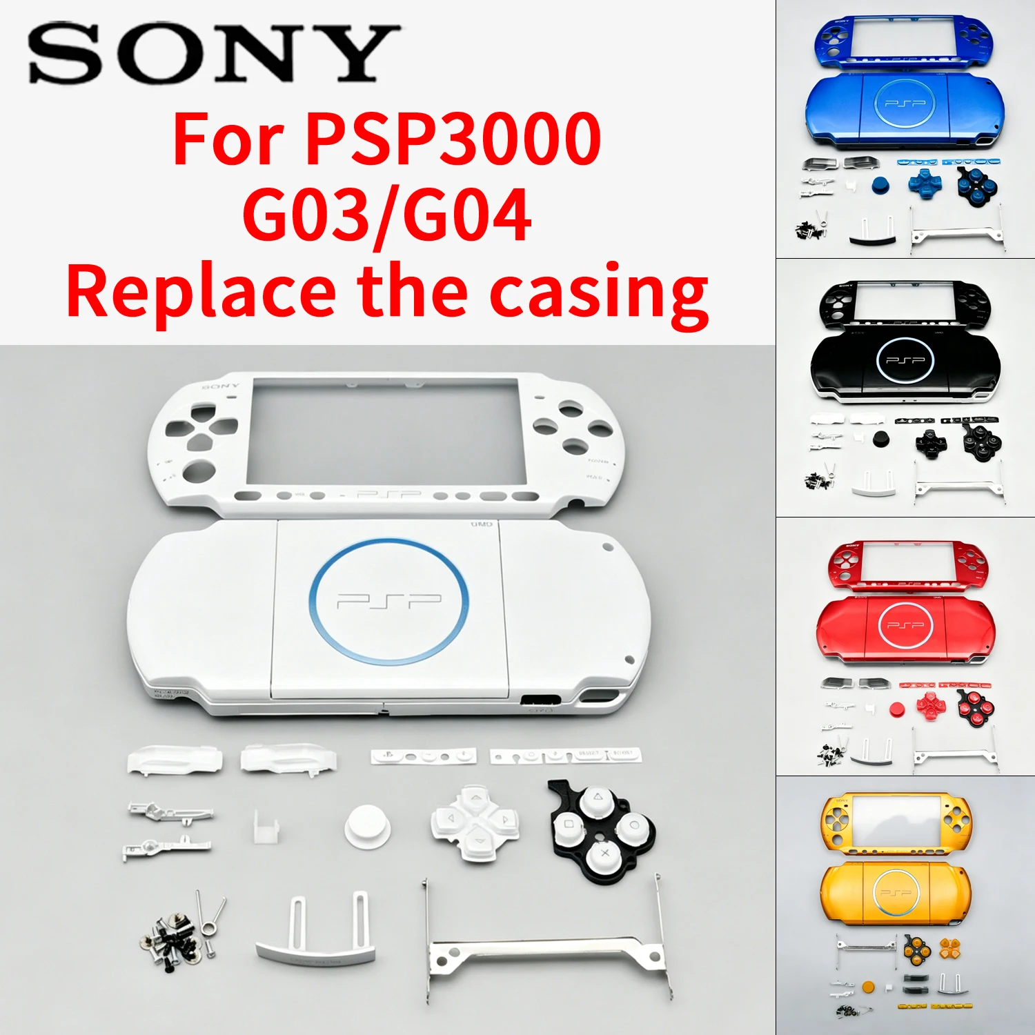 Obudowa do Sony PSP3000, model G03/04, zamiennik, jednolity kolor, kompletna obudowa, części do samodzielnego montażu, zestaw do wymiany obudowy konsoli.