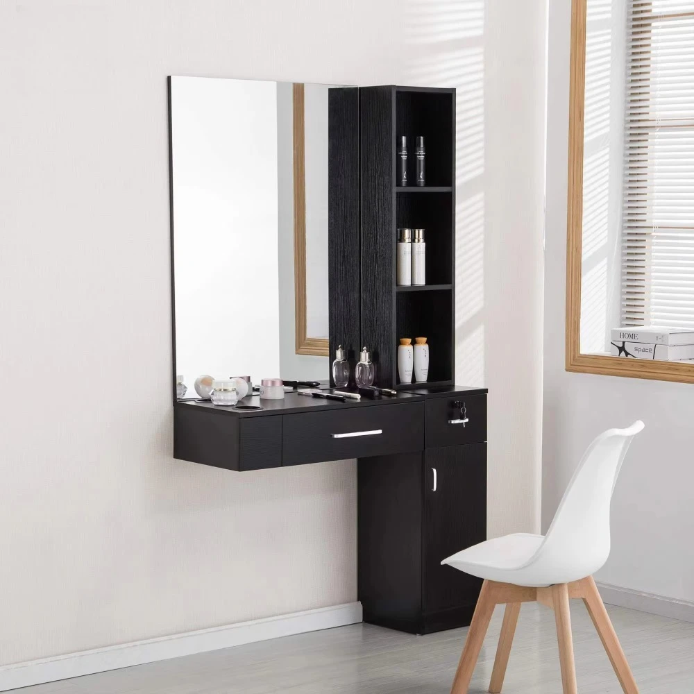 

Barber Chair Black Barber Station with Mirror & Lockable Storage Drawers, Salon Styling Cabinet for Hairdressing