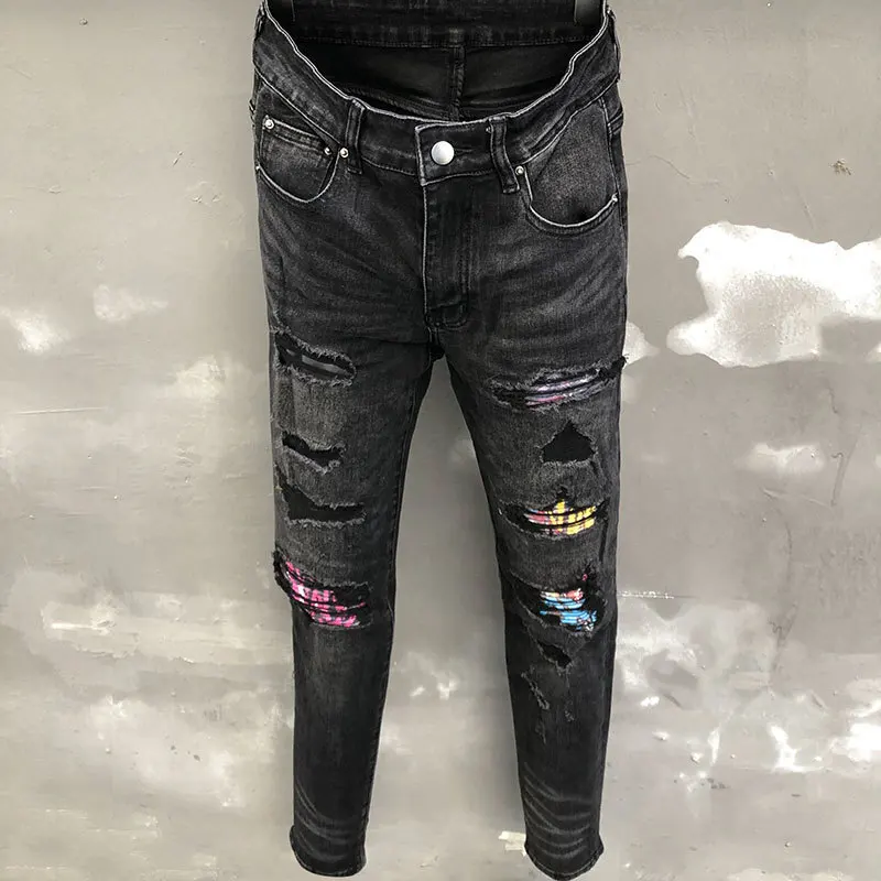 

2023 Hip Hop Ripped Color Brand Jeans Mens Fall Patchwork Jeans Black Mens Jeans Skinny Hole Jeans Men Pants Streetwear Trousers