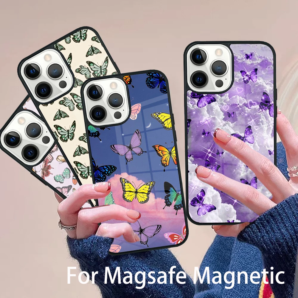 

Cute Aesthetic Butterfly Phone Case Magesafe Magnetic Wireless Charge Cover For IPhone 16 11 12 13 14 15 Pro Max Plus Mini