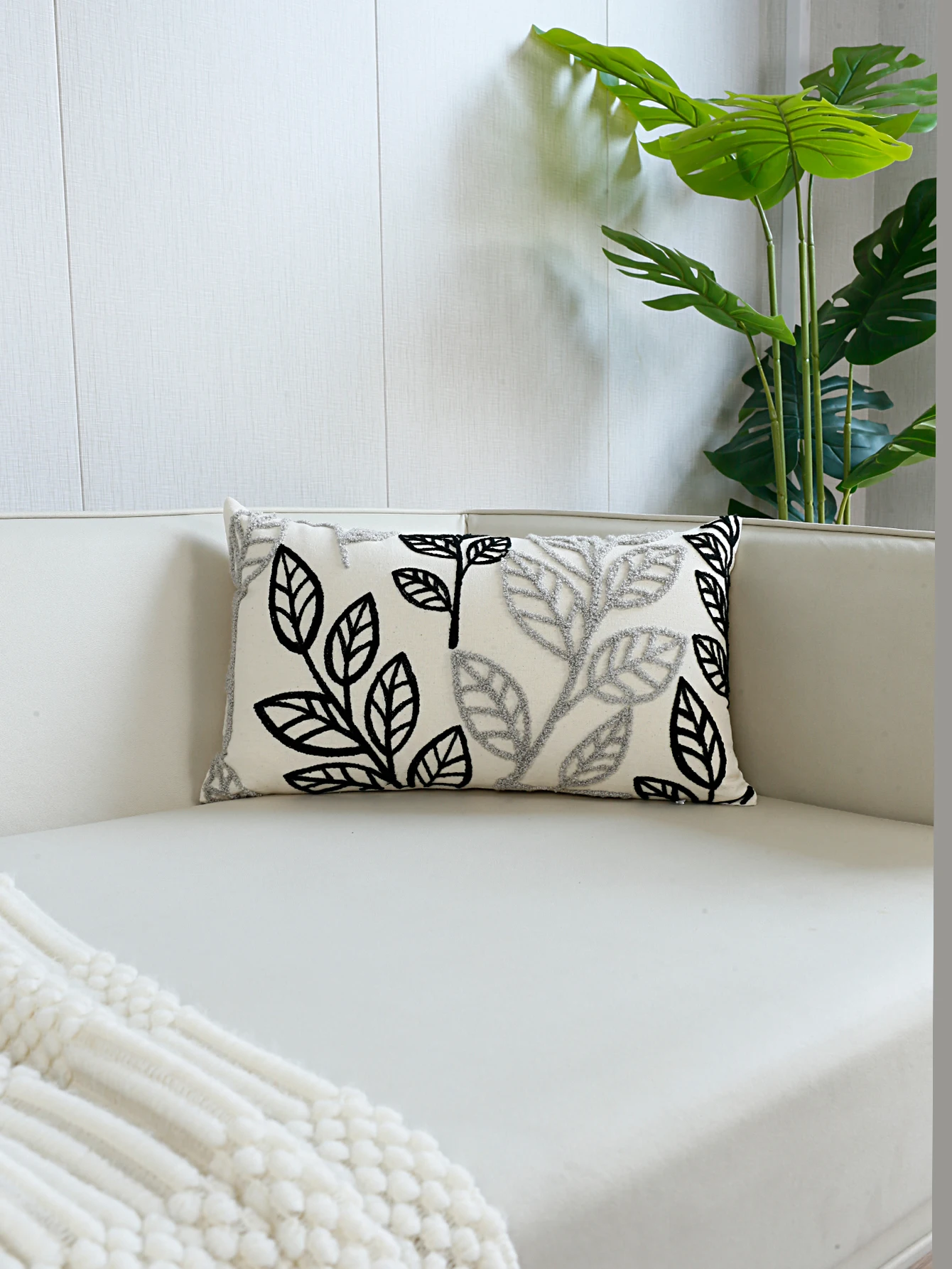1pc, Black Grey Leaf Towel Embroidered Pillow Case, Velvet Cushion Cover Home Decor Art House Office Sofa Chair Decoration