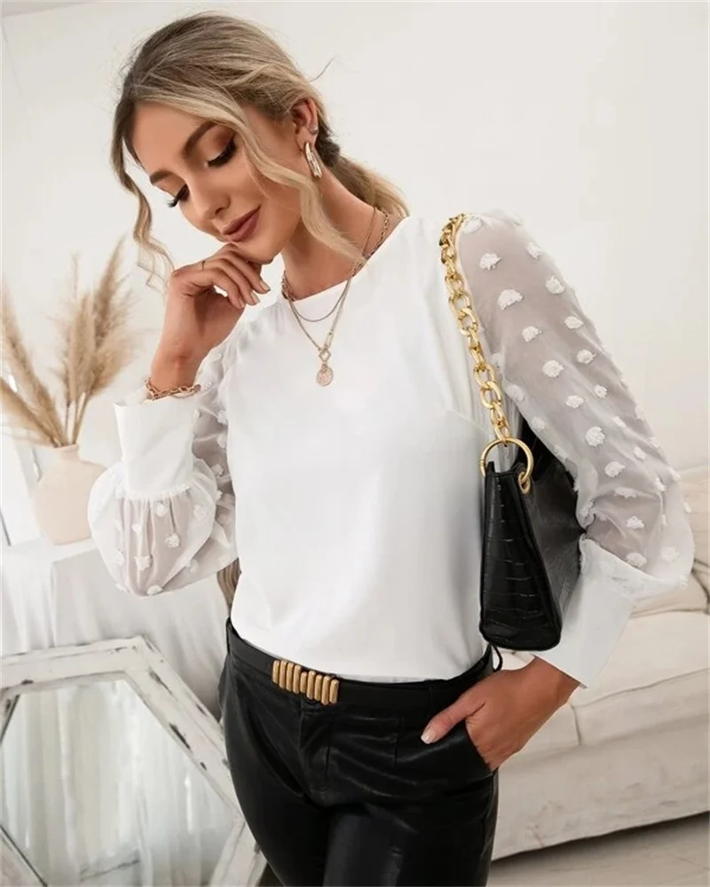 Spring and summer fashion all-match solid color round neck long sleeve T-shirt lace sleeve casual top