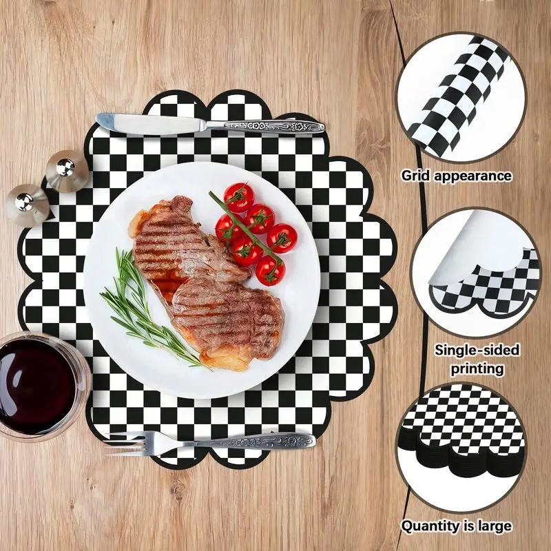 VIKAMA Round Placemat Black White Checkered Scalloped Edge Dining Table Home Kitchen Daily Table Party Decor