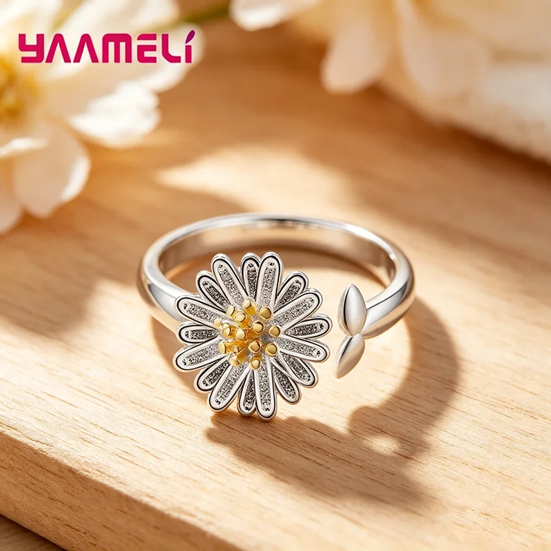 Fashion 925 Sterling Silver Daisy Flower Rings for Women Adjustable Size Fashion Wedding Engagement Party Jewelry Anillos Mujer