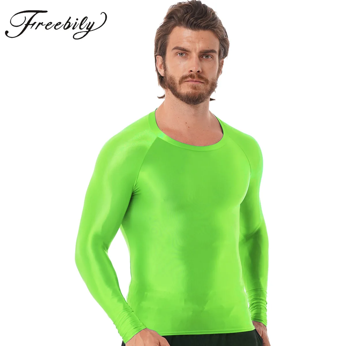 

Mens Glossy Smooth Slim Fit Long Sleeve T-Shirts Tops Solid See-though Stretchy Tights Undershirts for Sport Workout Clubwear