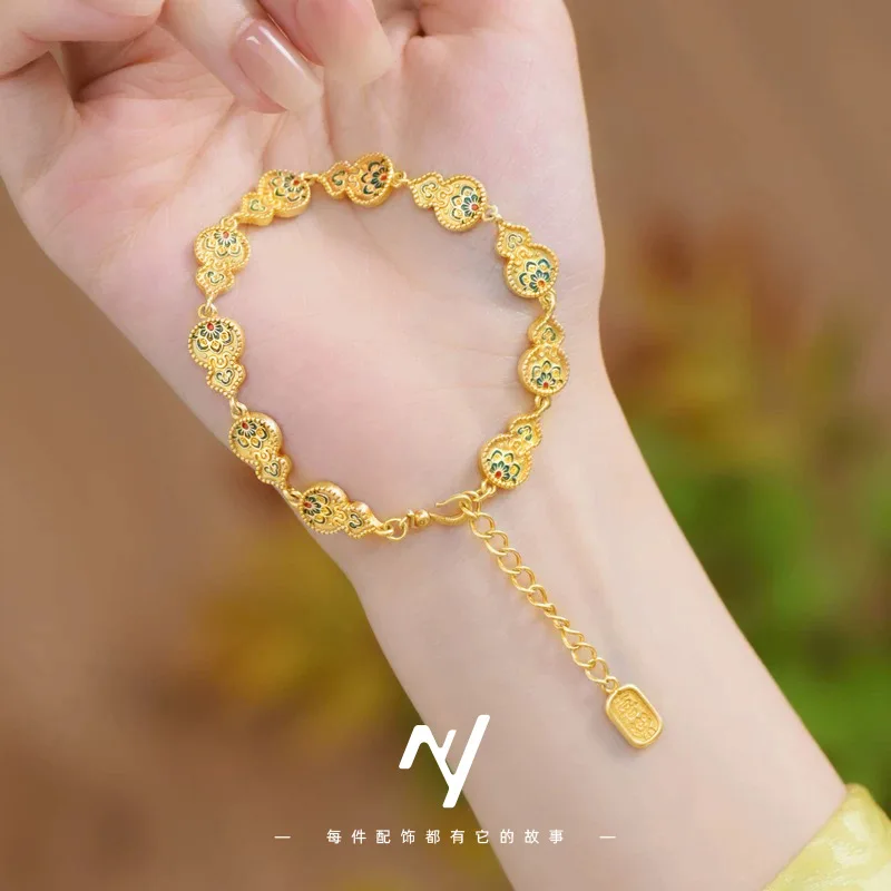 

Women's 9999 24K Real Gold Enamel Colored Baccarat Gourd Bracelet Chinese Style Design Feeling Peaceful Joyful Gourd Hand Dress
