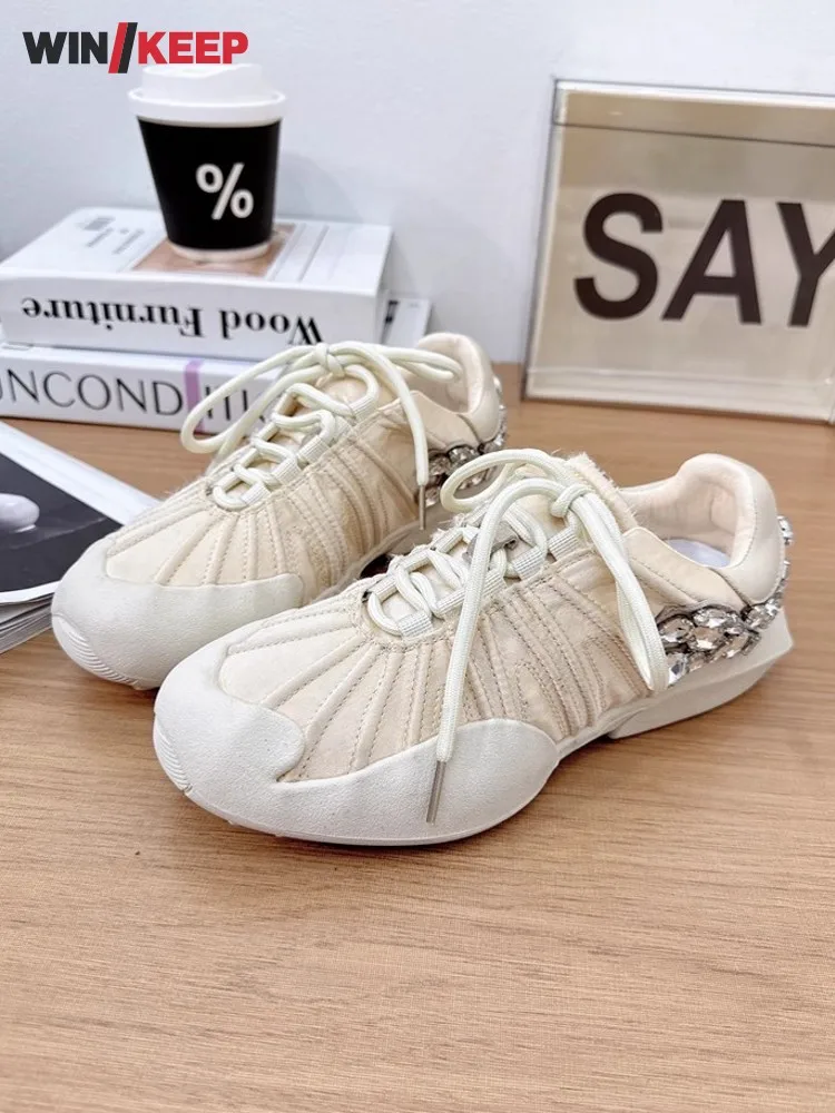 Spring New Womens Low Cut Flat Shoes Comfortable Sports Shoes Running Shoes Outdoor Jogging Sports Shiny Diamonds Shoes Sneakers
