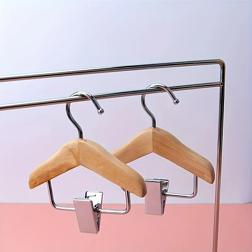 4 mini wooden hangers with stainless steel clips - Space saving pet clothing and accessories hanging storage rack, polished, essential for autumn fashion, Christmas decoration