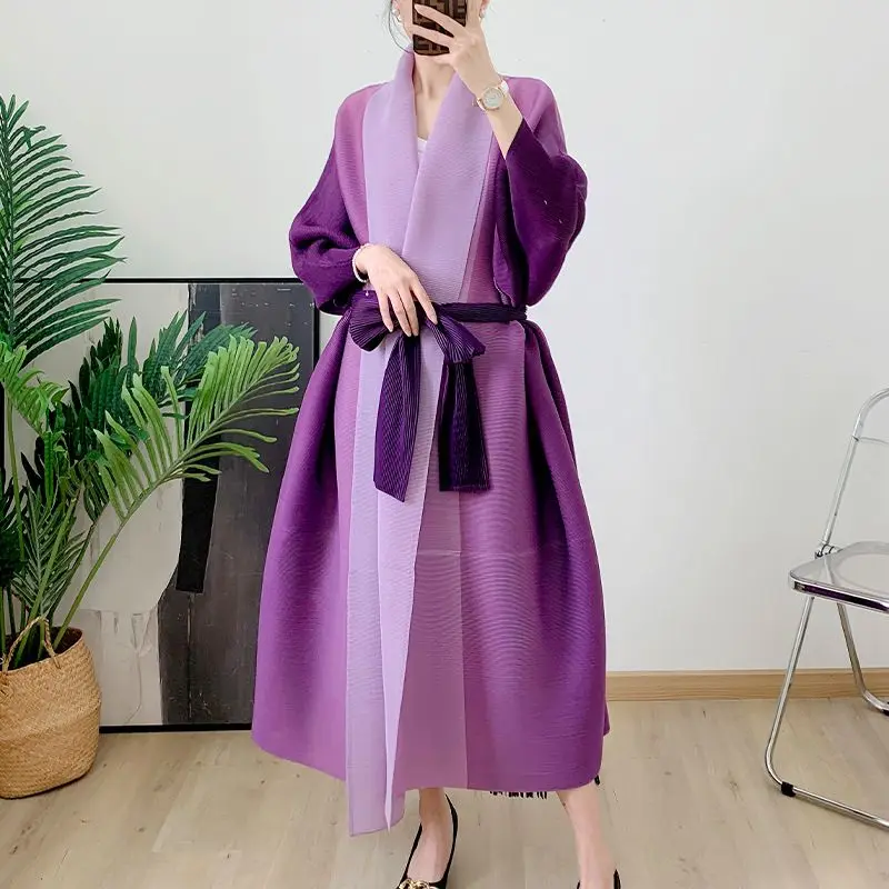 Women's Gradient Robe Long Coat Middle Eastern Costume Lengthened Trench Tie Jacket Cardigan Pleated Loose Drag Floor Trendy