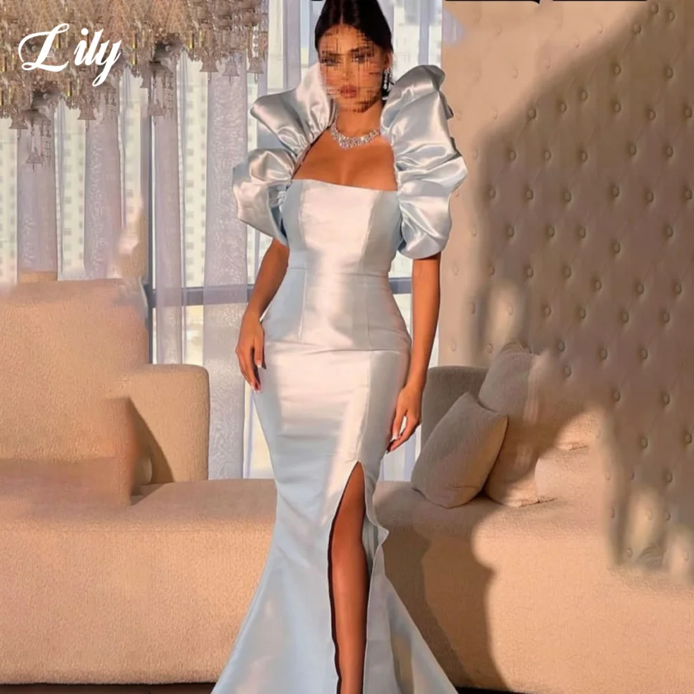 

Lily Square Elegant Formal Gown Puff Sleeves Side Split Prom Dress Satin Mermaid Evening Dress for Woman robe de bal Customized