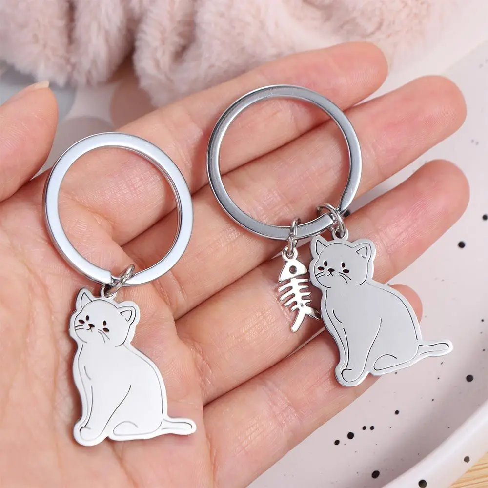 Funny Stainless Steel Cat Fish Keychain Key Holder Couple Lovers Cat Key Ring Pendant Animal Kittens Keychain Bag Charm