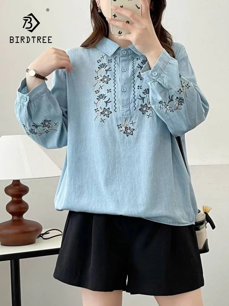 

Новая осенняя джинсовая рубашка с длинными рукавами 2025, женская свободная блузка с отложным воротником и вышивкой, Mori Girl, винтажная свободная блузка в японском стиле T57018CC