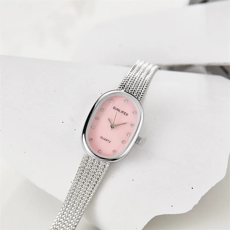 Fashion business alloy oval elegant waterproof women\'s quartz watch gradient color rhinestone dial suitable for daily life