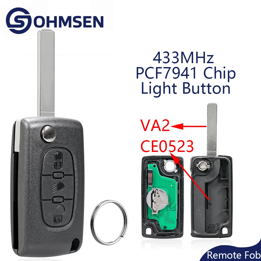 OHMSEN Flip Remote Key Fob 3 Button with Light CE0523 VA2 for Citroen C3 C4 C5 C6 Picasso 433MHz + PCF7941 Chip