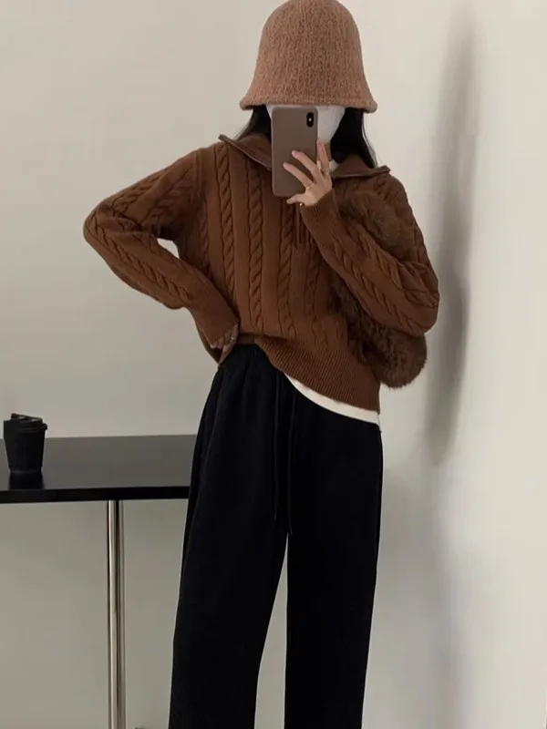 

Ele ort Knitted Sweater Cardigan Women's Collar Zipper Coat Thiened Autumn Winter Faion Casual Polyester Fiber