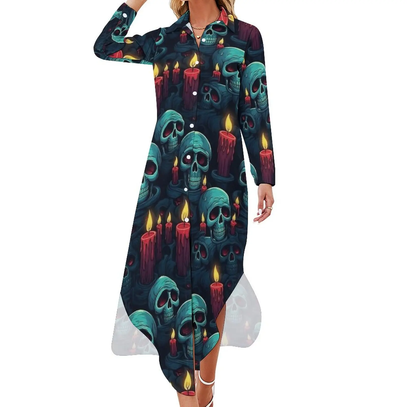 Halloween Skull And Candles Chiffon Dress  Modern Dresses Korean Fashion Casual Dress Women Sexy Design Clothing 4XL 5XL 6XL