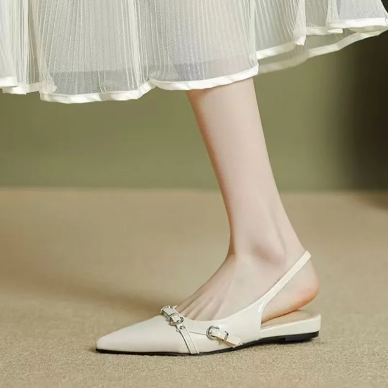 

French Flat Toe Sandals for Women 2026 New Summer Pointed Buckle Straight Strap Temperament Shallow Mouth Flat Shoes