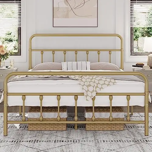 

Classic Metal Platform Bed Frame Mattress Foundation with Victorian Style Iron-Art Headboard/Footboard/Under Bed Storage/No Box