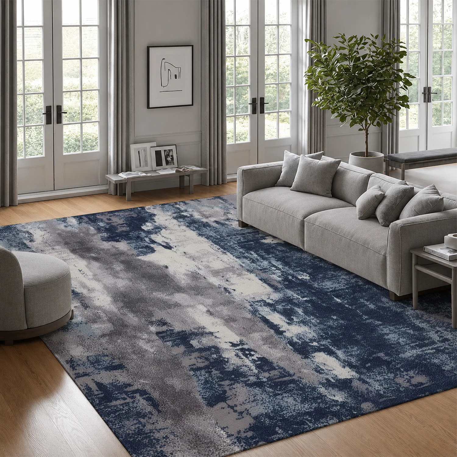 Large Indoor Area Rug, Soft Velvet Low Pile with Non-Slip Dotted Backing, Machine Washable Modern Abstract Blue Gray Distressed Pattern Rug for Living Room, Bedroom, Dining Room, Contemporary Home Floor Decor