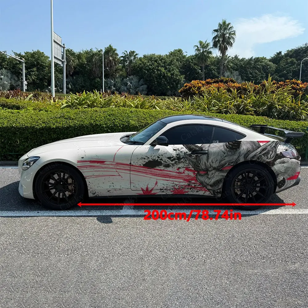 2pcs Blood Splatter Demon Face Wave Car Side Wrap, Self-Adhesive PVC Waterproof & Scratch-Resistant Stickers, Car Accessory Gift