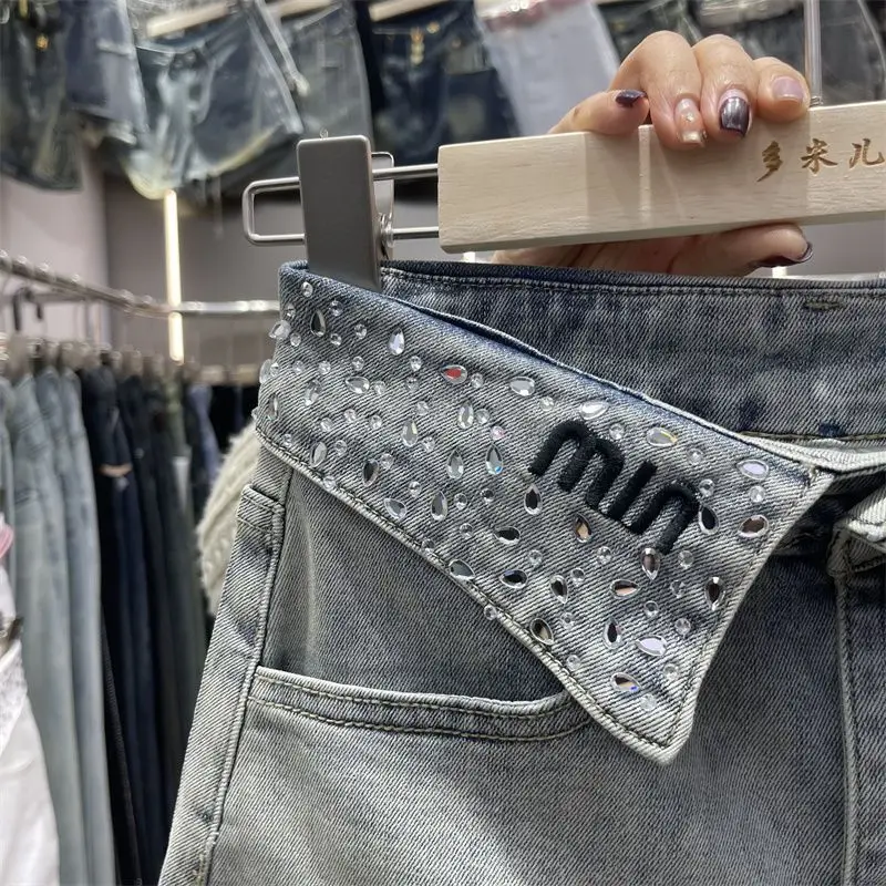 Falda de mezclilla bordada con diamantes para mujer, de cintura alta minifalda, informal, de calle coreana, ajustada, a la moda