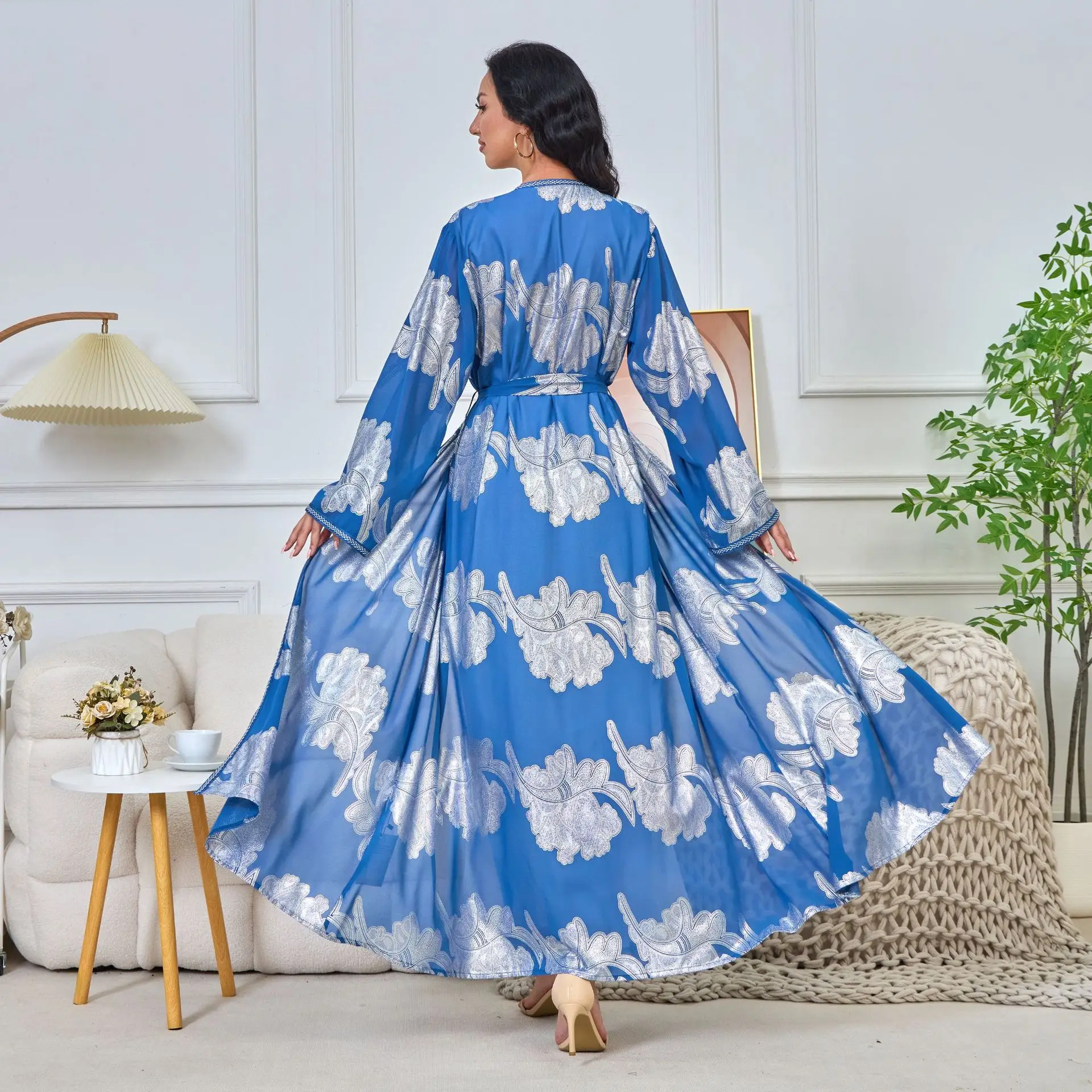 Roupas árabes abaya com decote em v manga comprida vestido bronzeador de duas peças 2025 outono e inverno nova moda roupas femininas