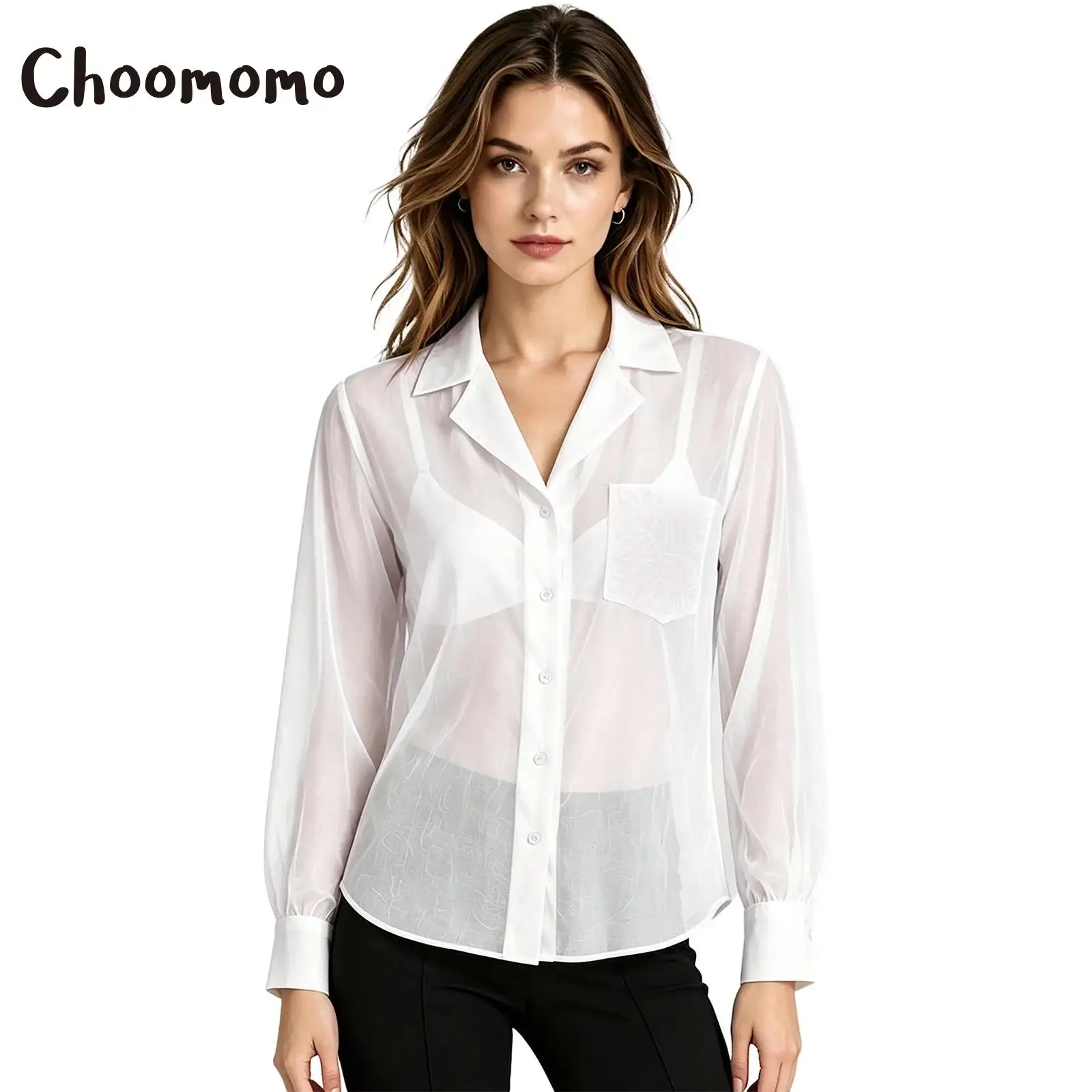 Women Semi-sheer Mesh Office Blouse Shirt Embroidered Chest Pocket Notch Lapel V Neck Long Sleeve Loose Shirt Top for Work Daily