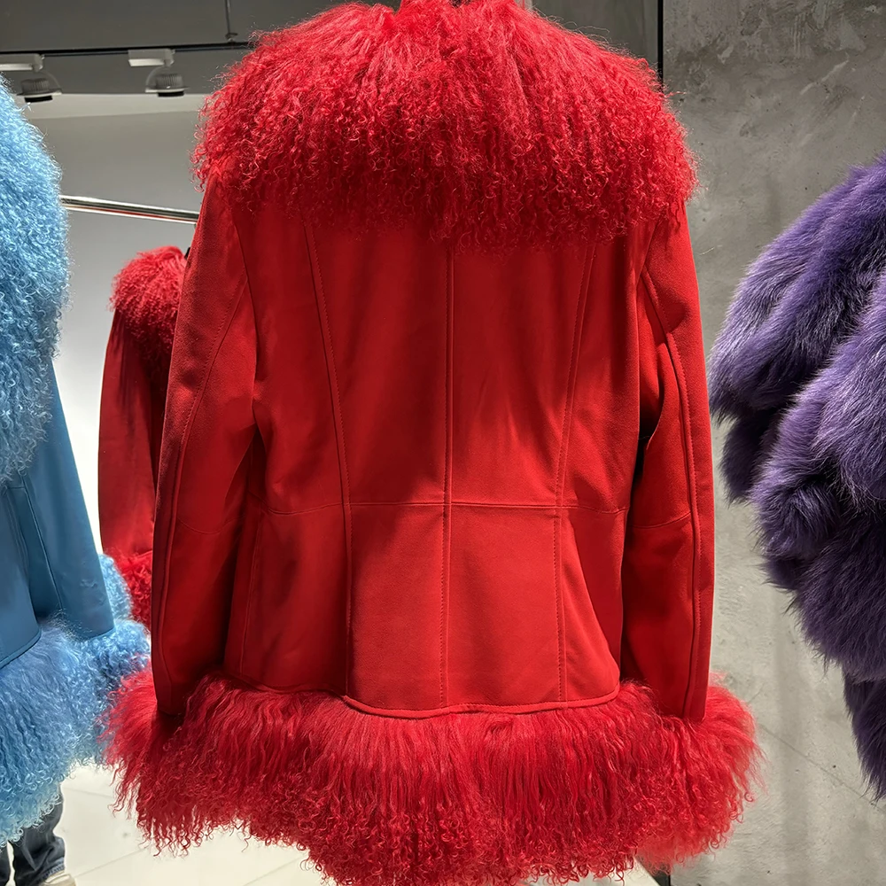 YOLOAgain Real Mongolia Sheep Fur Collar Real Leather Jacket Coat Women
