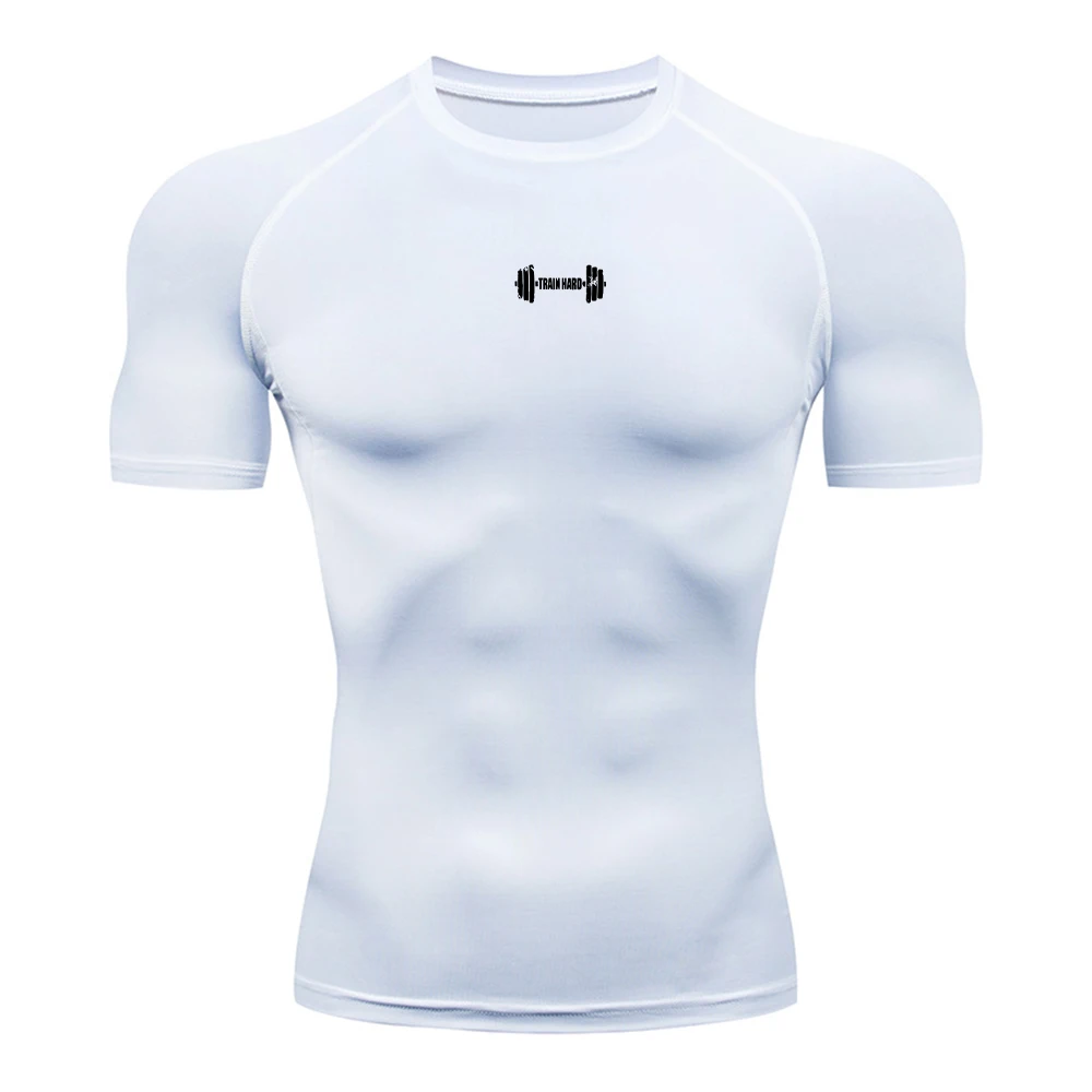 Men's Stylish Minimalist Dumbbell Print Compression T-Shirt Stretchy Quick Drying Top For Daily Wear Fitness And Cycling