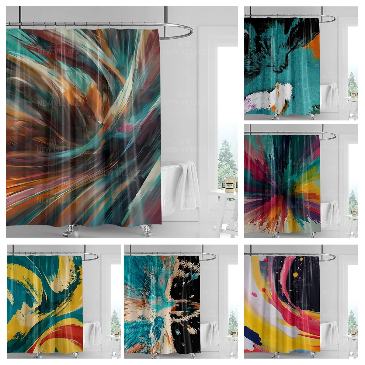 

Modern Art Graffiti Shower Curtain suit Waterproof Curtain 12 Hook Nordic Style Bathroom Bathtub Dual-Use Shower Curtain