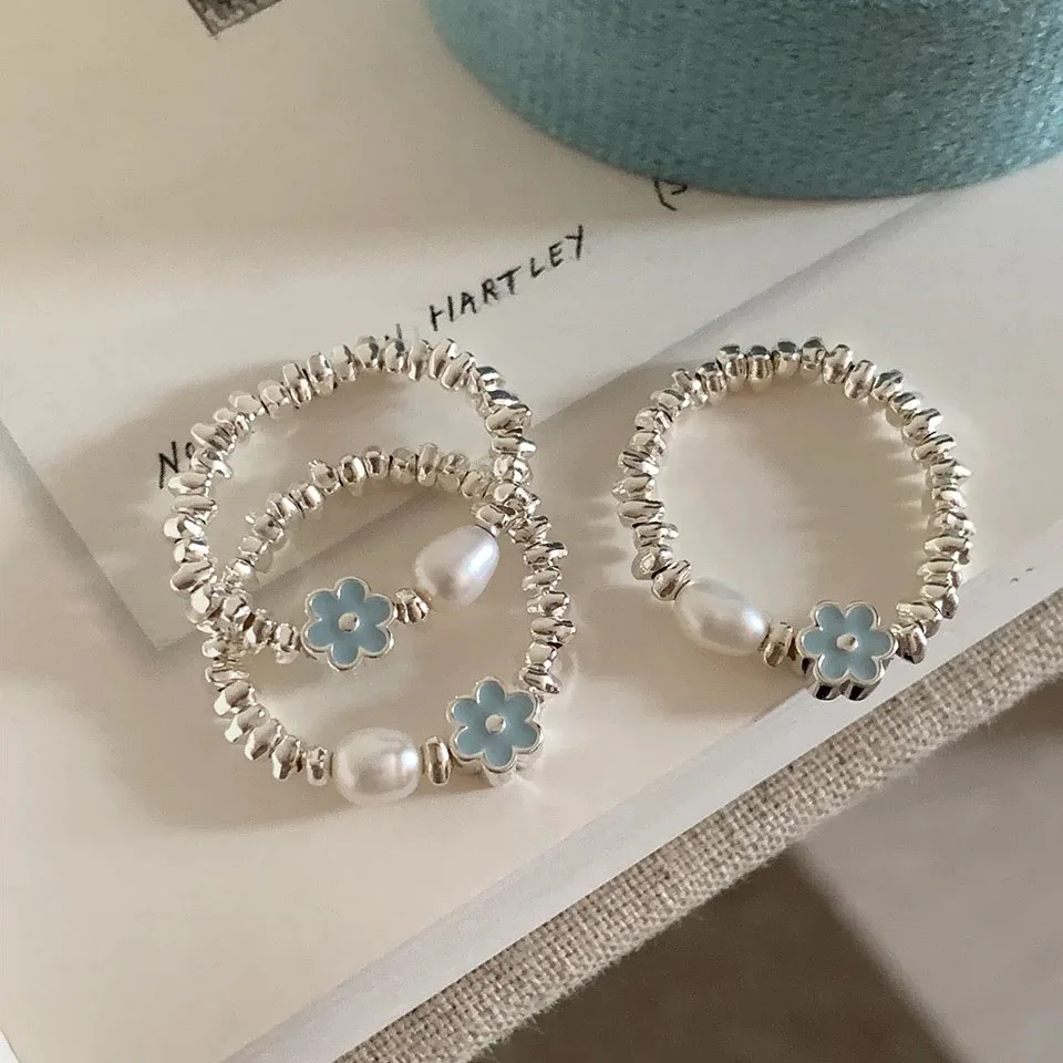 925 Sterling Silver Rings for Women Couple Minimalist Handmade Simple BLue Flower Ring Fine Jewelry Gift Prevent Allergy