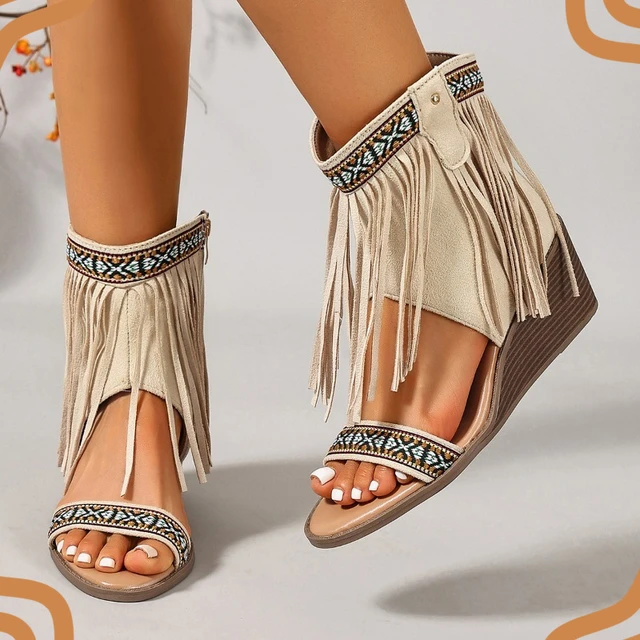 Botines bohemios de verano con punta abierta y plataforma