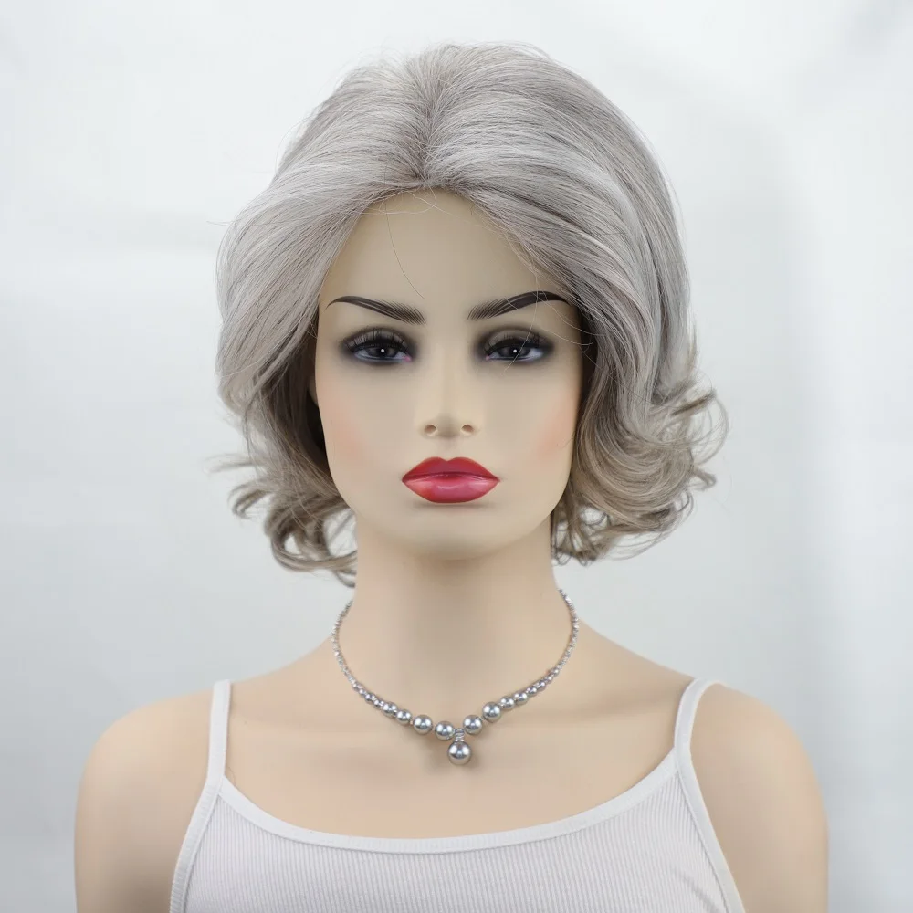 Short Grey Natural Wave Hair for Women Soft Healthy Heat Resistant Ombre Curly Synthetic Wig Cosplay Party Wigs