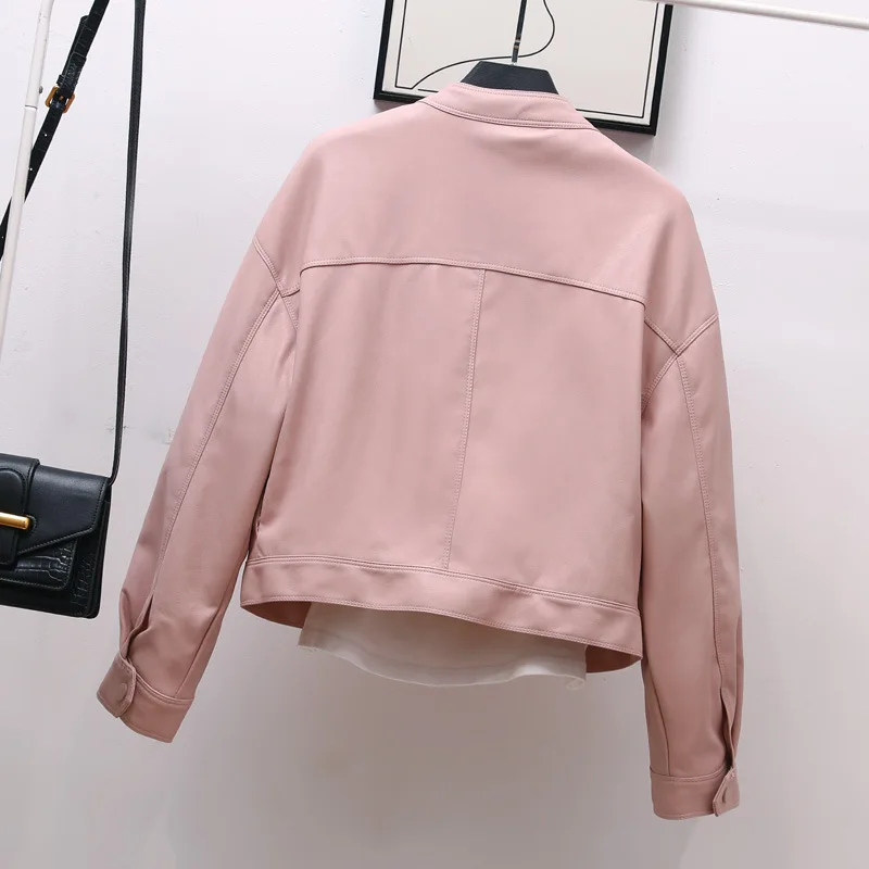 Jaket kulit imitasi untuk wanita, jaket ritsleting gaya Korea kerah berdiri pendek, sempurna untuk trendi berpergian, musim gugur, 2023