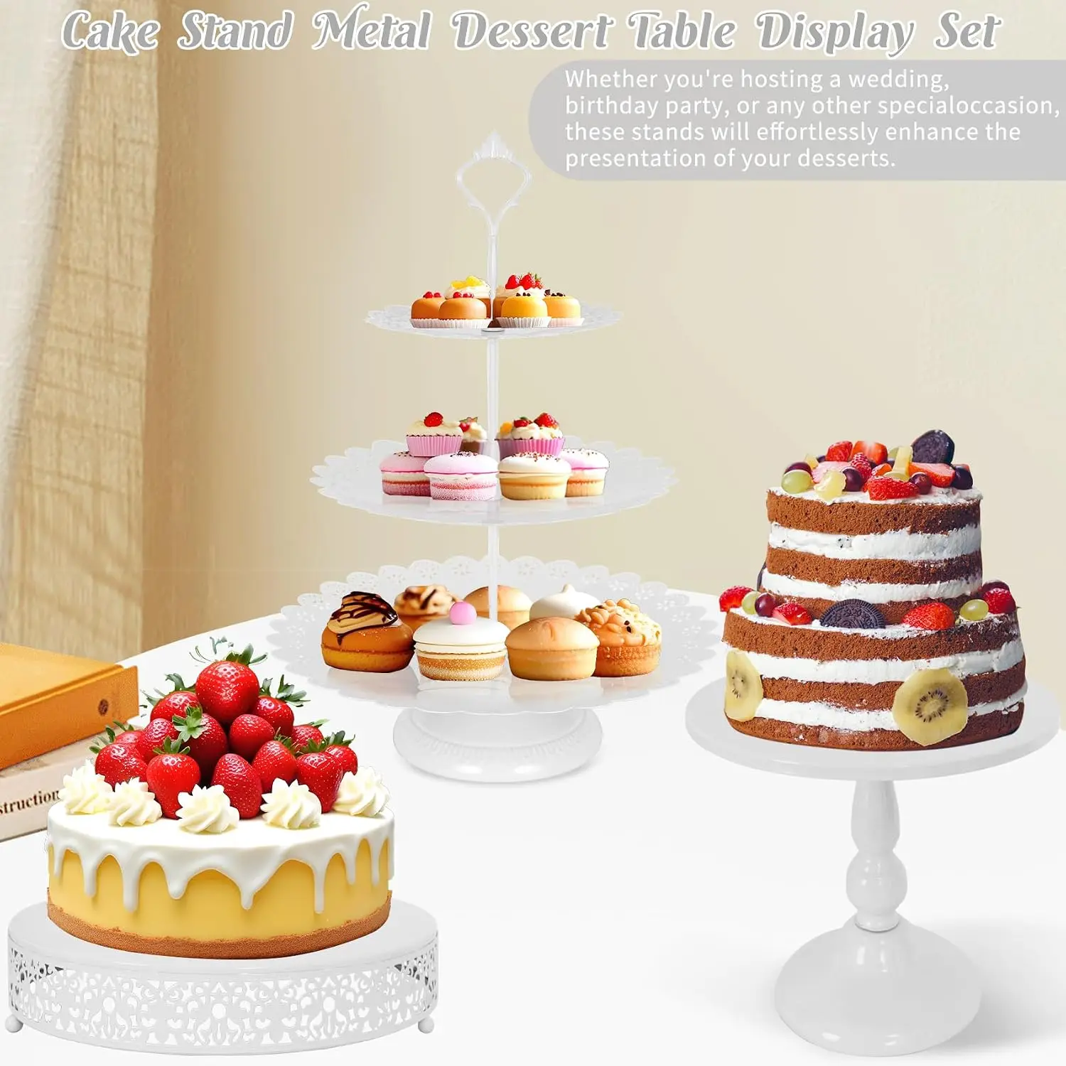 Black Metal Dessert Table Display Set 8 Pieces 3 Tier Cupcake Stand Lace Edge Cake Tower Rectangular Serving Trays For Wedding Birthday Baby Shower Party Celebration - view 4