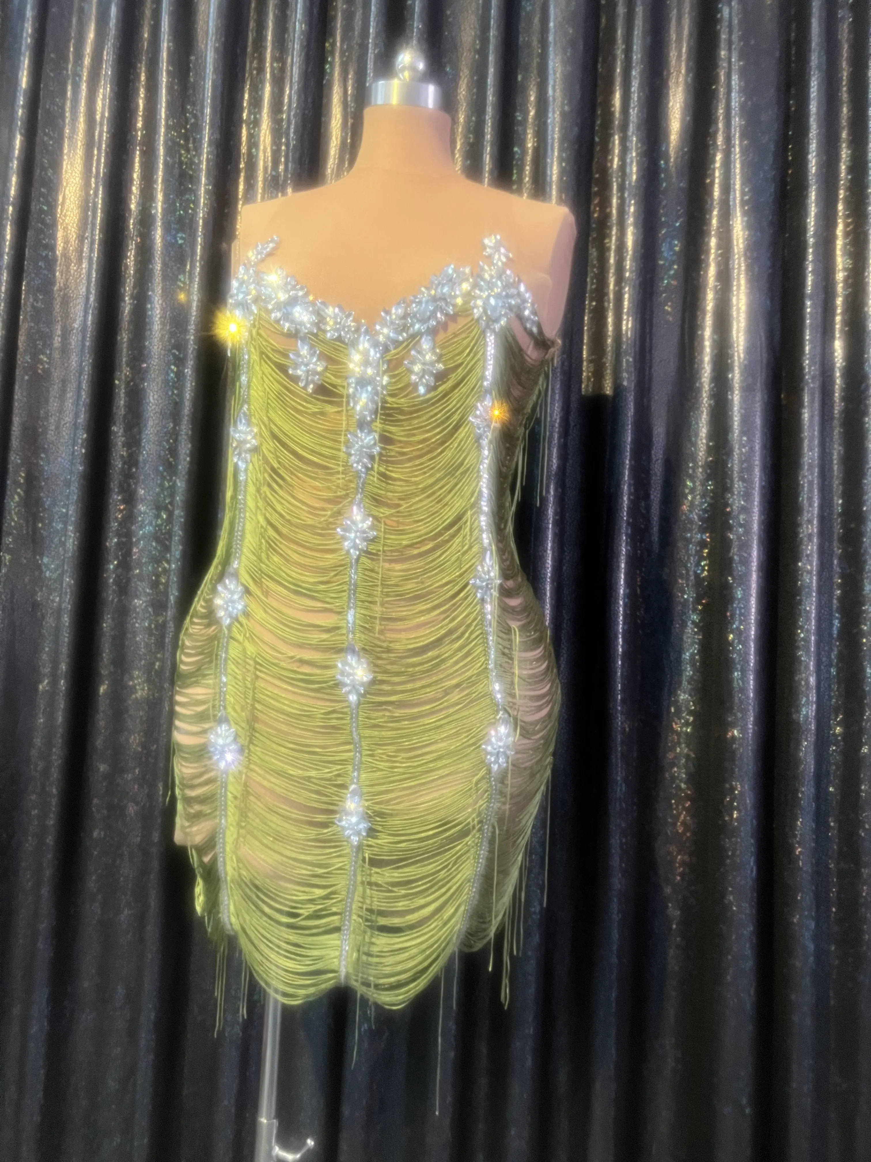 Club Singer  Party  Show Neon Green Tassel Rhinestones Transparent Sleeveless Mesh Birthday Celebrate Stretch Dress