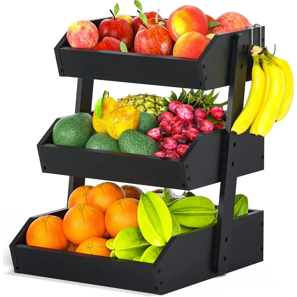 

3-Tier Bamboo Fruit Basket with Banana Hangers for Kitchen Storage, Black