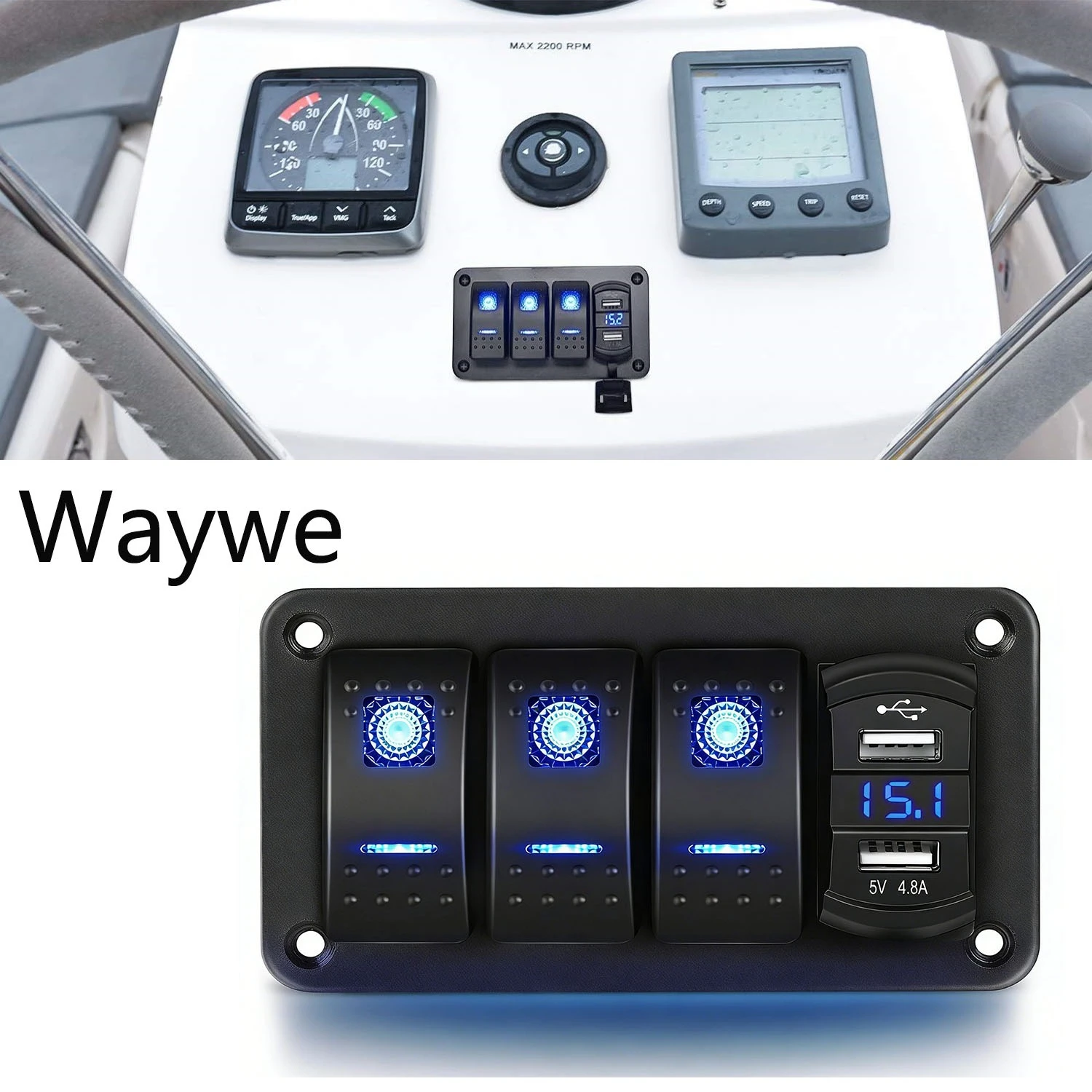لوحة مفاتيح Waywe 3 Gang Rocker: 4.8A فولتميتر USB مزدوج (12 فولت - 24 فولت، مقاوم للماء) للسيارات/الشاحنات/القوارب/RVs، أزرق #1