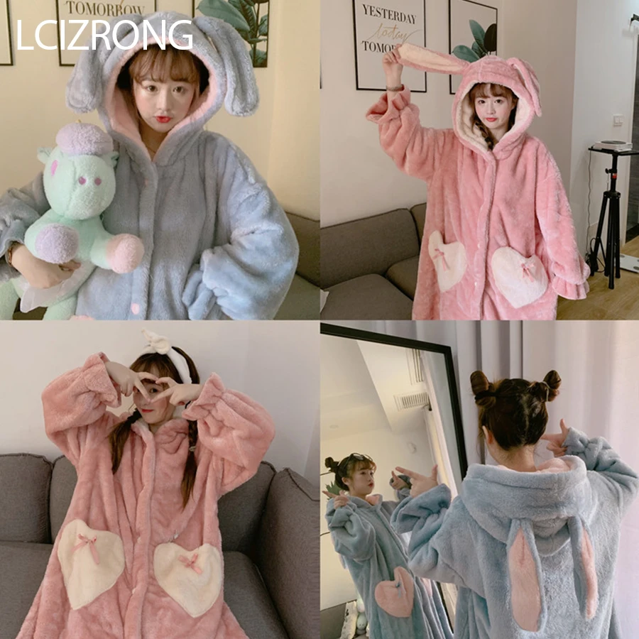 Winter Fashion Warm Comfortable Midi Robe Women Sweet Girl Cute Big Rabbit Ear Loose Bathrobe Long Sleeve Dressing Gown Female