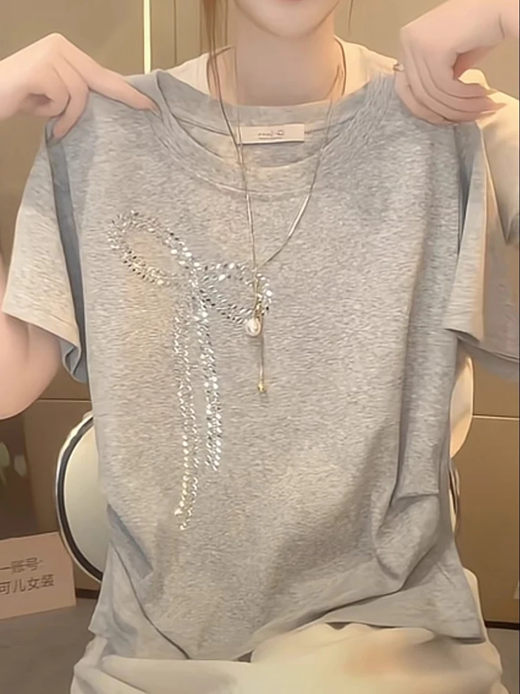 Frauen Kleidung Stilvolle Strass Luxus Chic Grundlegende T Shirt Sommer Casual Kurzarm T-shirts Weibliche Rundhals Lose Baumwolle Tops