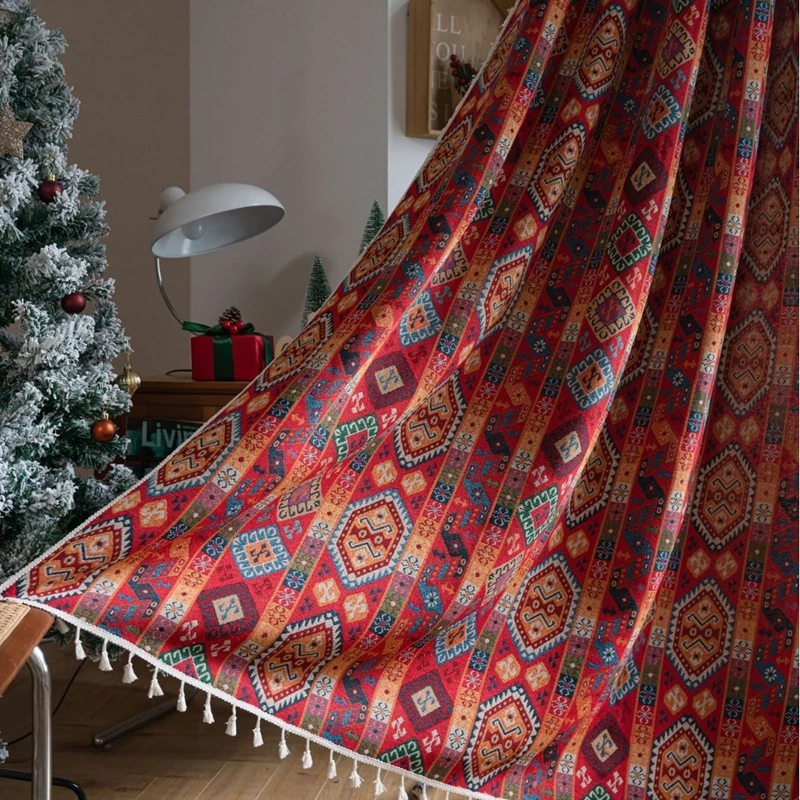 

Christmas Decoration Curtains Red Festive Jacquard Fringe Curtains Finished Kitchen Bedroom Bay Window Semi-shading Valance