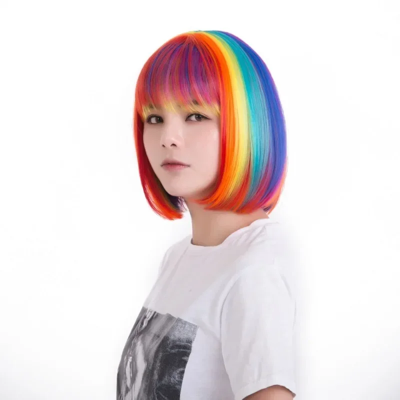 Multicolor Rainbow Short Bob Wig with Bangs Cosplay Rainbow Bob Wig Curly Wavy Synthetic Wig for Women Girls Party Accessories