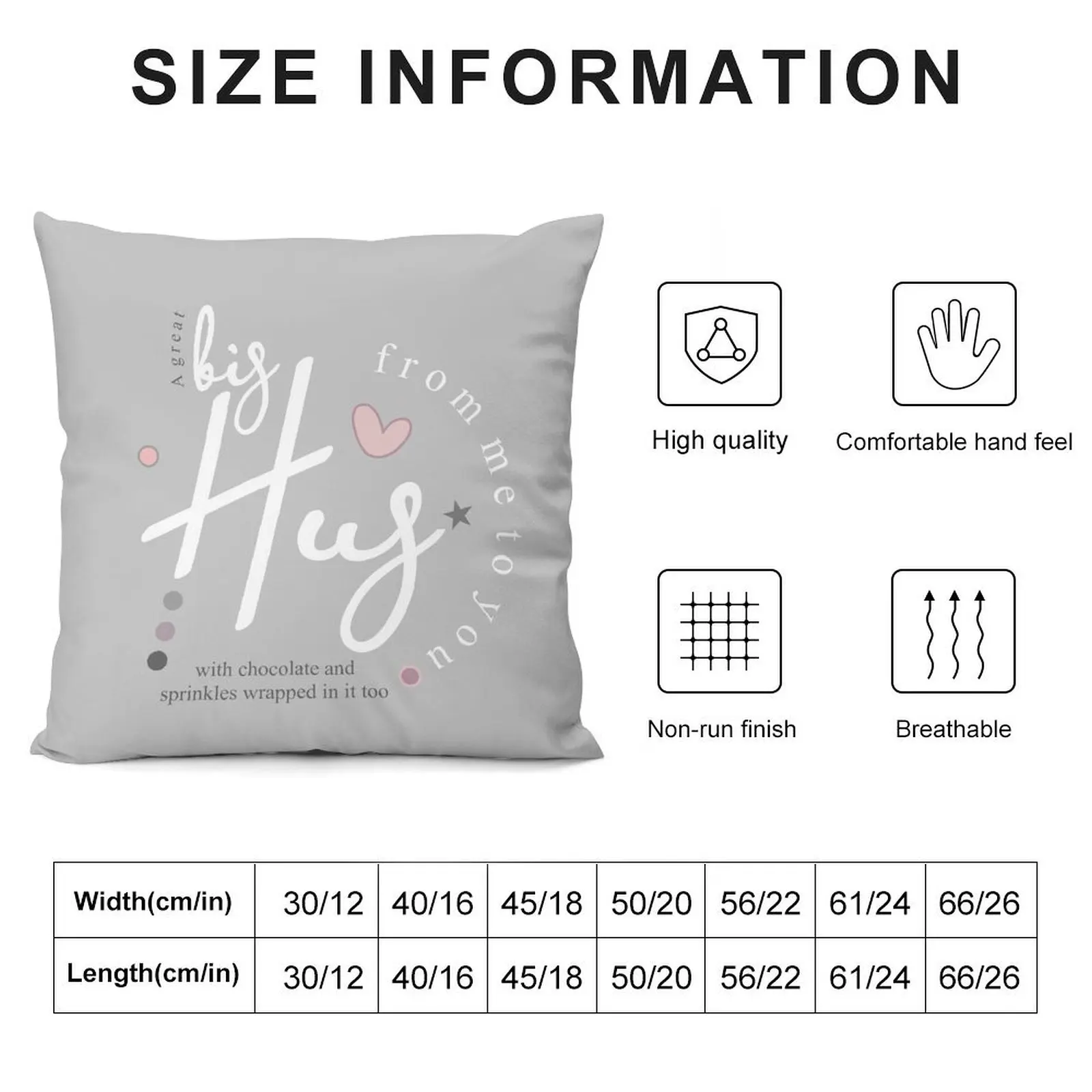 Send love with this big hug filled with chocolate and sprinkles. A missing you gift range in soft pastel grey, whit Throw Pillow