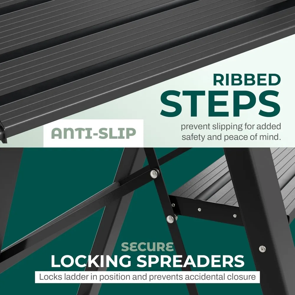 Escada dobrável de 3 degraus, design moderno de alumínio preto, mecanismo de bloqueio, perfil fino, degraus antiderrapantes, resistente e segura para uso doméstico