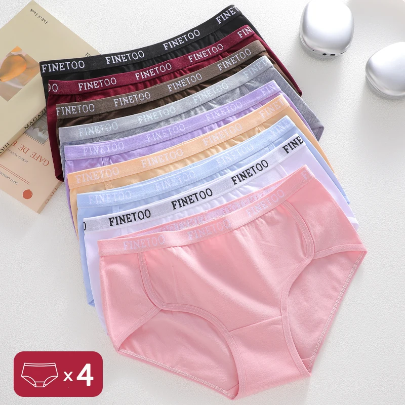 FINETOO 4 Stück Baumwollstoff-Höschen für Damen, nahtlos, einfarbig, atmungsaktiv, weiche, elastische Unterwäsche, sexy Dessous für Frauen